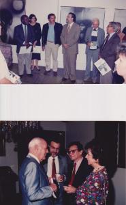 Imagens que mostram o trabalho de diplomacia cultural realizado pelo então conselheiro Tadeu Valadares em São José, na Costa Rica. Na imagem de cima, Tadeu Valadares faz uma fala durante um evento de difusão cultural. Na foto de baixo, aparece o embaixador Jeronimo Moscardo, à direita de Tadeu, que á época era o embaixador do Brasil na Costa Rica. No registro, eles conversam com autoridades locais.